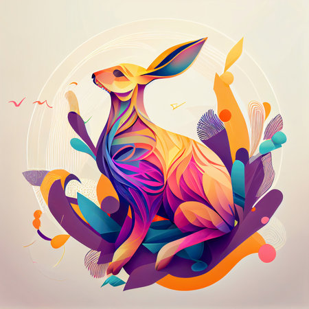 Colorful easter rabbit made off curved lines greeting card concept in the style of vector graphic made with Generative AIの素材