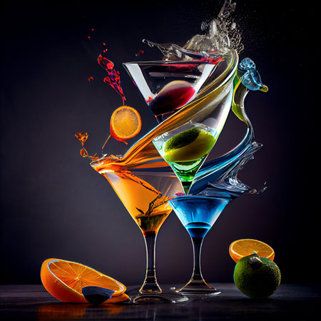Splash of colorful cocktails in the row of glasses on the dark background made with generative AIの素材