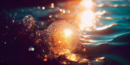 Close-up of a beautiful ocean surface, waves and splashes at sunset made with generative AIの素材
