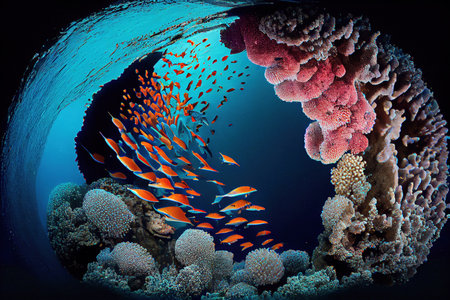 Animals of the underwater sea world ecosystem. Colorful tropical fish and life of the coral reef made with generative AIの素材