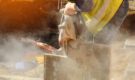 Builder cutting concrete slabs with petrol concrete saw and a diamond blade during external footpath paving works close upの写真素材