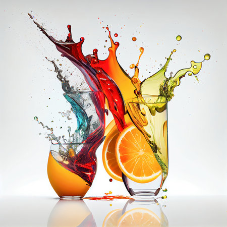 Splash of colorful fruit lemonade cocktail in the row of glasses on the light background made with generative AIの素材