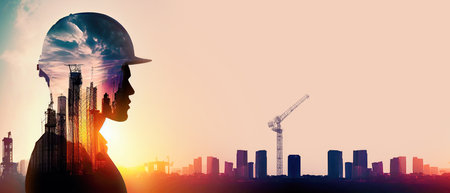 Double exposure of builder silhouette and construction works poster design made with Generative AIの素材