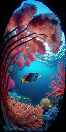 Animals of the underwater sea world ecosystem. Colorful tropical fish and life of the coral reef made with generative AIの素材