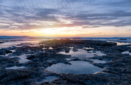 beautiful sunset  over the rocky coast in summerの写真素材