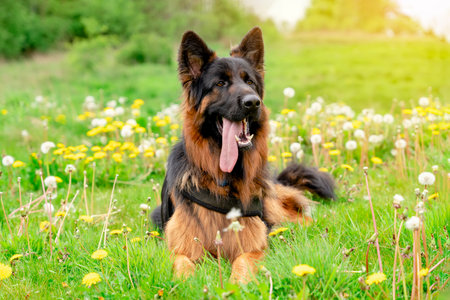 German shepherd dog in harness out for a walk lying, running, walking on the grass in sunny summer dayの写真素材