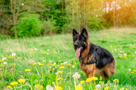 German shepherd dog in harness out for a walk lying, running, walking on the grass in sunny summer dayの写真素材