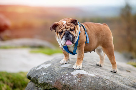 Red English British Bulldog Dog out for a walk looking up in the National Park Peak District on  Autumn sunny day at sunsetの写真素材