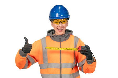 Female Woman in blue hard hat and orange protective clothes land surveyor checking and happy after measuring length on white background. Young pretty woman working in construction industryの写真素材