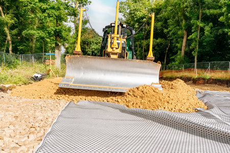 Roadworks and bulldozer levelling stone on top of geogrid plastic meshの写真素材