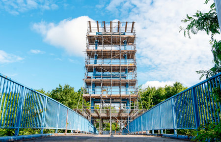 Scaffolding erected around bridge during repairingの写真素材