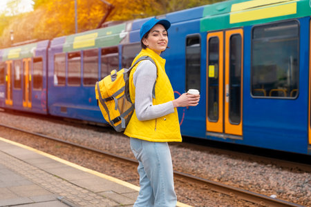 a young smiling woman in a yellow jacket and jeans with backpack drinking coffee and waiting for a tram at the stop Lifestyle photoの写真素材
