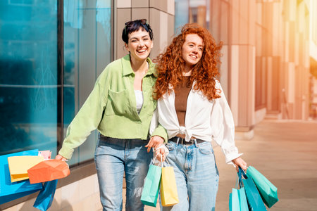 women with colorful bags having fun with shopping in urban city. Consumerism, sale, purchases, shopping, lifestyle concept.の写真素材