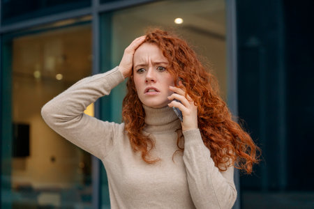 Portrait of a young woman graduate with curly red hair talking on her mobile and upset about news regarding her job applicationの写真素材