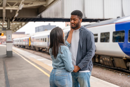 Happy couple embracing on railway station platform. Meeting, saying goodbye to the spouse, friends. Travel lifestyle conceptの写真素材