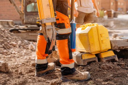 Close-up at the safety shoes of a civil engineer surveyor standing on the building site with his tripod and instrumentの写真素材