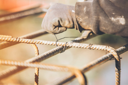 Construction worker steel fixer working at the building site close-upの写真素材