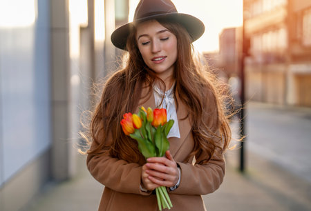 young happy woman with a heart-shaped balloon falling a love, having a fun day, walking around an English city Lifestyle, tourism, valentines day, world woman's day conceptの写真素材