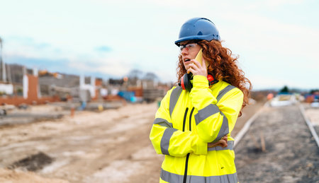 redhead female site engineer surveyor working with theodolite total station EDM equipment on a building construction site outdoorsの写真素材