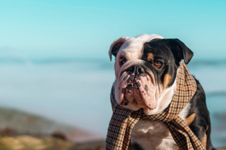 Black tri-color English British Bulldog Dog out for a walk in mountains wearing in English style cap and scarf against clouds looking at camera on sunny day.の写真素材
