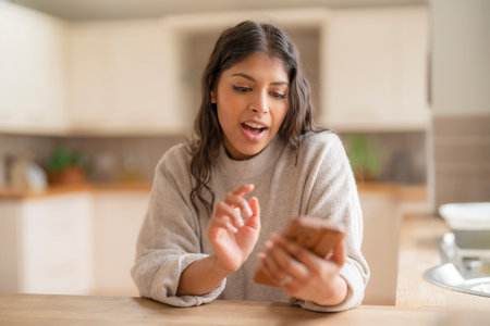 Excited Indian woman using phone talking sitting in kitchen at homeの写真素材