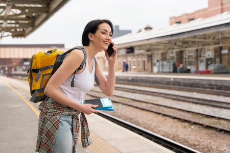 smiling young female traveler using phone waiting for train at railway station on platformの写真素材