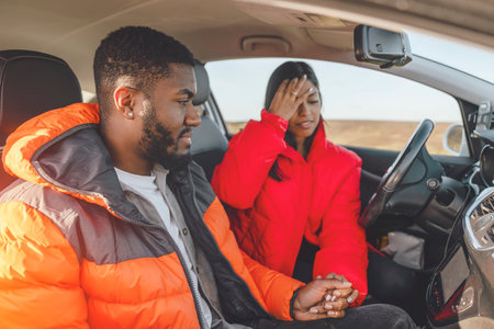 Unhappy young couple sitting in car quarreling Toned imageの写真素材
