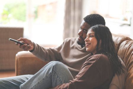 couple hugging watching TV together sitting at home on couch. Real people lifestyleの写真素材