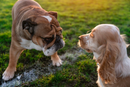 english bulldog and cute cocker spaniel puppy playing in garden at sunsetの写真素材