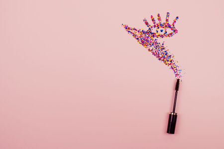Professional cosmetic mascara brush with eye shape made of shiny colorful sparkles on bright pink...