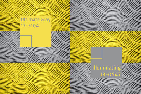 Abstract collage with brutal cement wall in ultimate gray and illuminating yellow colors - composition for color of the year 2021 concept. Selective focus, urban backgroundの写真素材