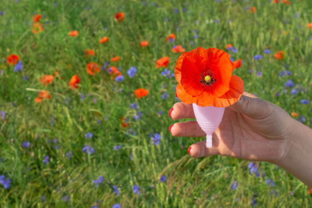 Woman hand with perfect manicure, holding pink menstrual cup with red flower inside over green grass...