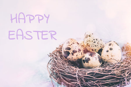 Happy Easter greeting card - composition with quail eggs inside bird nest on multicolour pastel...