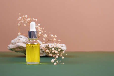 Mockup image of dropper bottle with hyaluronic acid, serum, moisturizer, facial anti-aging oil. Trendy still life composition with natural stone shapes against green, brown background with copy spaceの写真素材