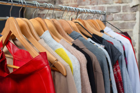 Second hand used clothes on hangers for donation and reselling. Garage sale or economic shopping...