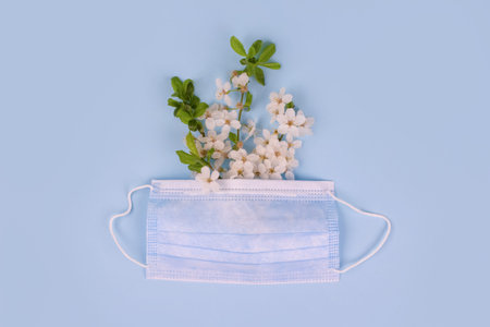 Flat lay composition with medical protective face mask and cherry blossom branch on pastel blue...