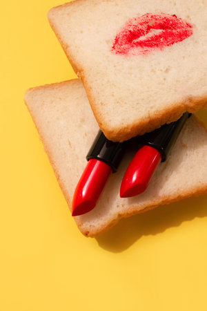 Creative concept made with sandwich and red lipstick, lips on bread on bright yellow background. Abstract minimal composition . Creative makeup concept. Selective focusの写真素材