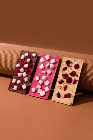 Vertical image with natural organic chocolate bar with sublimated berries and fruits, raspberry and...