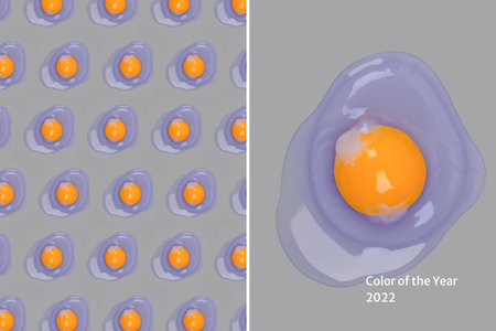 Color of the year 2022 and 2021 concept. Collage made with toned egg yolks, fresh organic chicken...