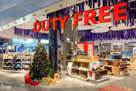 Istanbul, Turkey - circa November, 2021 : Duty Free shop in new Istanbul international airport with Christmas decorations. Selective focusのeditorial素材