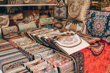 Handmade leather and woven bags at souvenir market. Local business concept. Tourist souvenirs....
