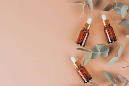 Mockup image of glass dropper bottles with eucalyptus oil. Modern organic cosmetics, facial anti-aging oil. Trendy still life composition with eucalyptus leaves on biege background, copy spaceの写真素材