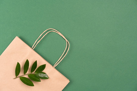 Kraft paper recycled bag with green leaves on green background with copy space. Street food take away paper bag, sustainable packaging concept. Ethical consumerism, flat layの写真素材