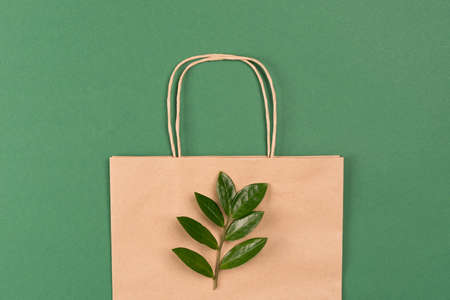 Recycled kraft paper bag with green leaves on green background. Sustainable shopping packaging concept. Green shoppingの写真素材
