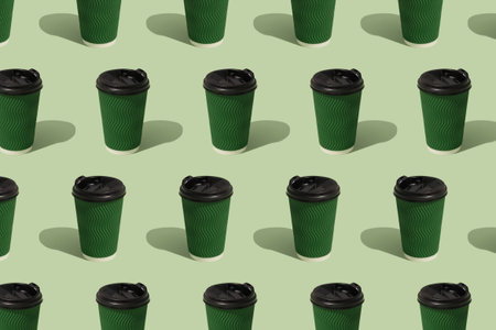 Pattern with eco paper green coffee cup on green background, mockup image. Sustainable food...