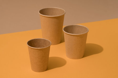 Kraft paper eco coffee cup on orange and brown background with copy space. Sustainable food...