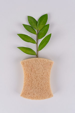Vertical image with natural organic dishcloth and green leaf on gray background. Green household...