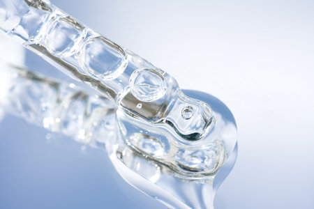 Closeup view of pipette with transparent liquid on blue mirror background. Texture of face serum or...