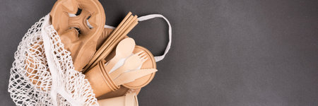 Eco paper tableware set, ecological utensils - paper cups, containers, wooden bamboo cutlery and...