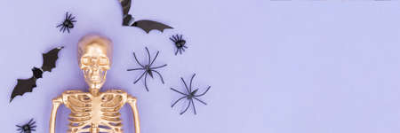 Creepy halloween banner with bats, spiders and golden skeleton over purple background with copy space for textの写真素材